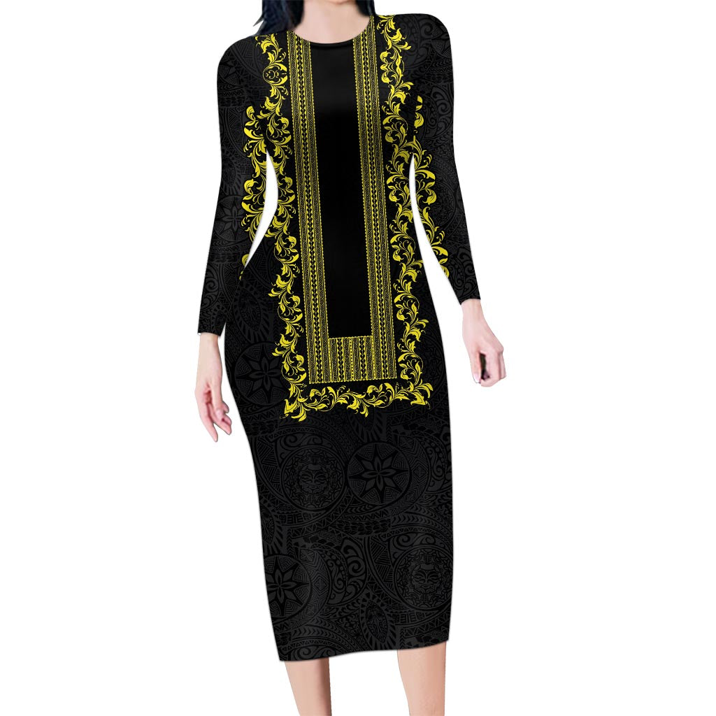 Philippines Polynesian Floral Pattern Long Sleeve Bodycon Dress With Barong Tagalog Black Style