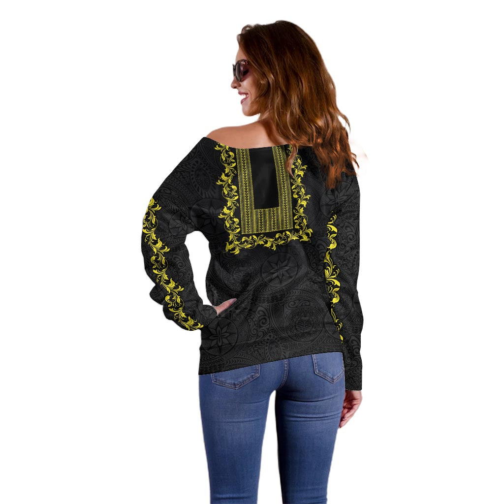 Philippines Polynesian Floral Pattern Off Shoulder Sweater With Barong Tagalog Black Style