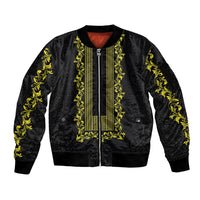 Philippines Polynesian Floral Pattern Sleeve Zip Bomber Jacket With Barong Tagalog Black Style