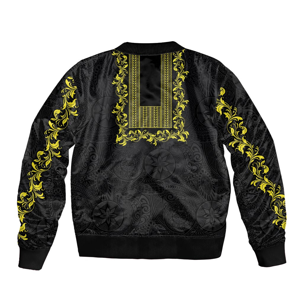 Philippines Polynesian Floral Pattern Sleeve Zip Bomber Jacket With Barong Tagalog Black Style