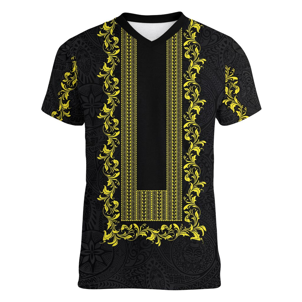 Philippines Polynesian Floral Pattern Women V-Neck T-Shirt With Barong Tagalog Black Style LT03 Female Black - Polynesian Pride