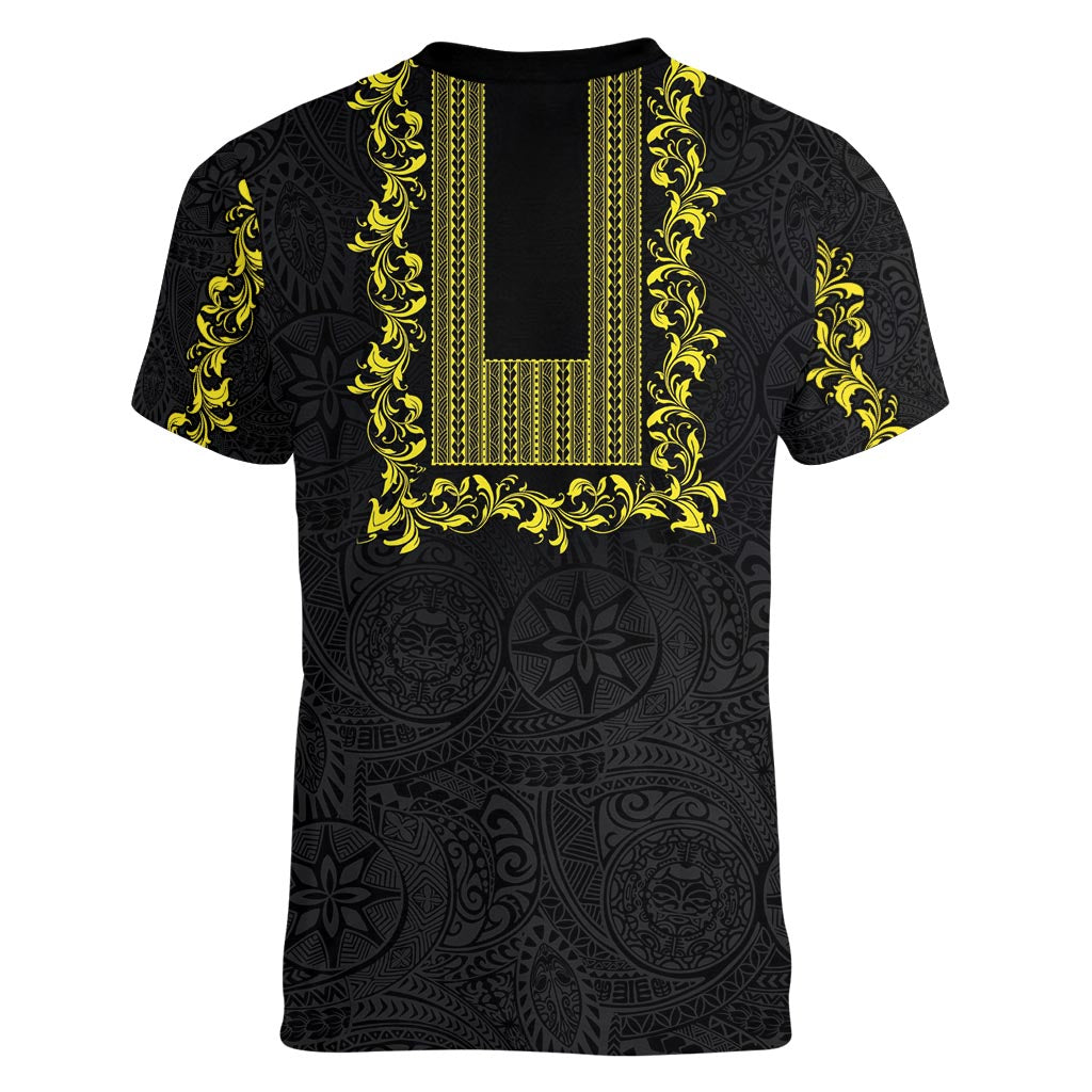 Philippines Polynesian Floral Pattern Women V-Neck T-Shirt With Barong Tagalog Black Style LT03 - Polynesian Pride