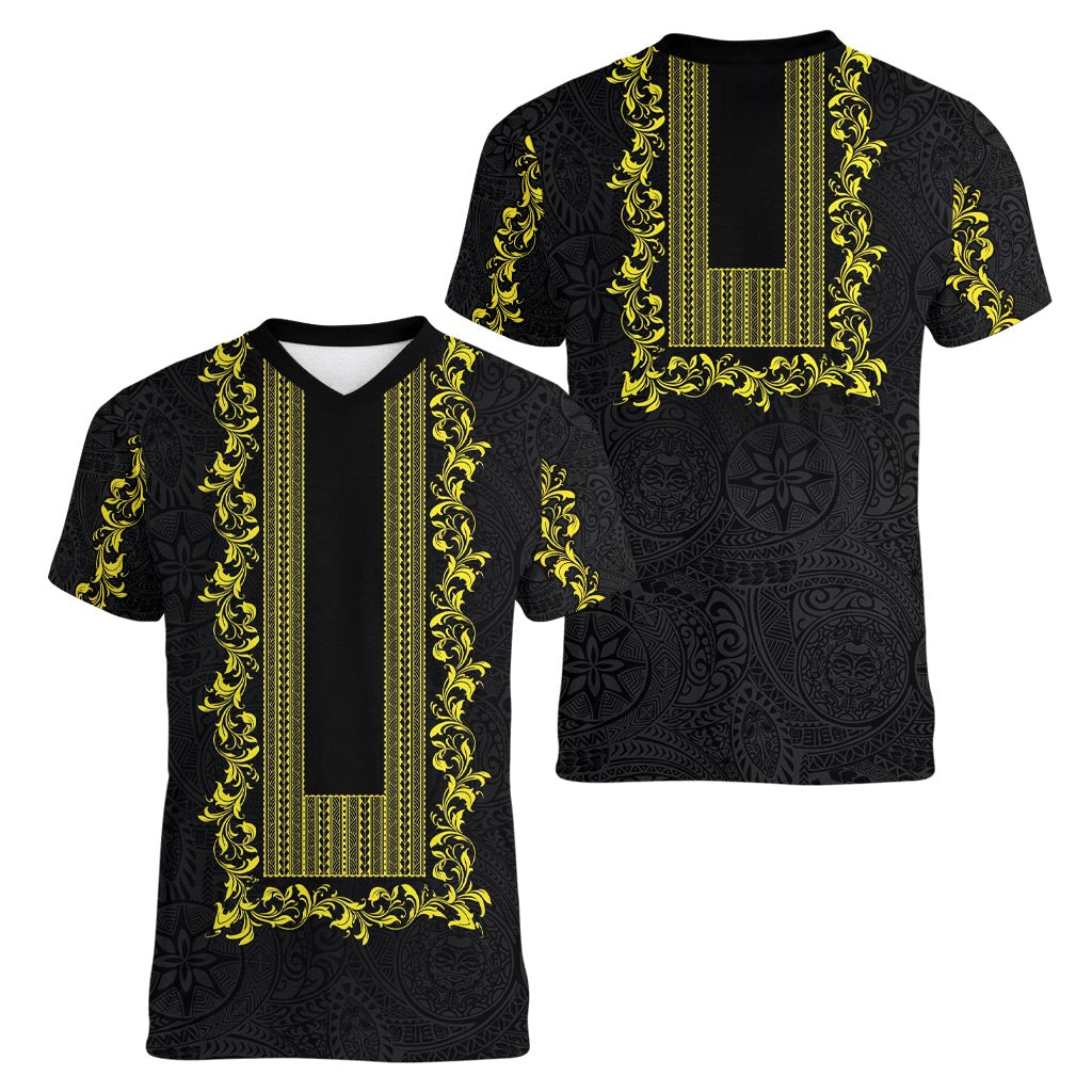 Philippines Polynesian Floral Pattern Women V-Neck T-Shirt With Barong Tagalog Black Style LT03 - Polynesian Pride