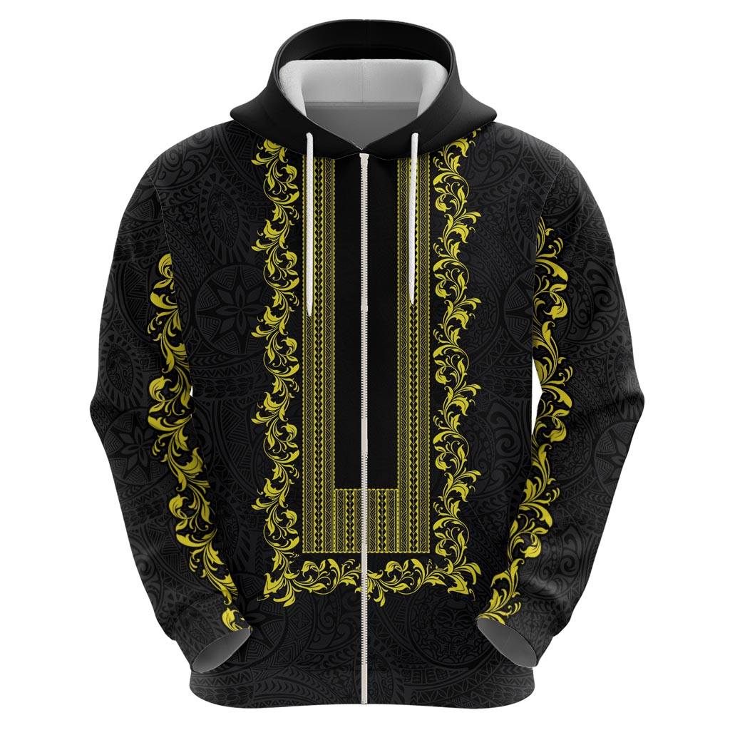 Philippines Polynesian Floral Pattern Zip Hoodie With Barong Tagalog Black Style