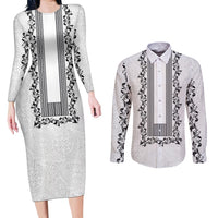 Philippines Polynesian Floral Pattern Couples Matching Long Sleeve Bodycon Dress and Long Sleeve Button Shirt With Barong Tagalog White Style LT03 White - Polynesian Pride