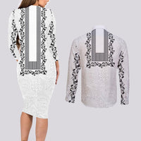 Philippines Polynesian Floral Pattern Couples Matching Long Sleeve Bodycon Dress and Long Sleeve Button Shirt With Barong Tagalog White Style LT03 - Polynesian Pride