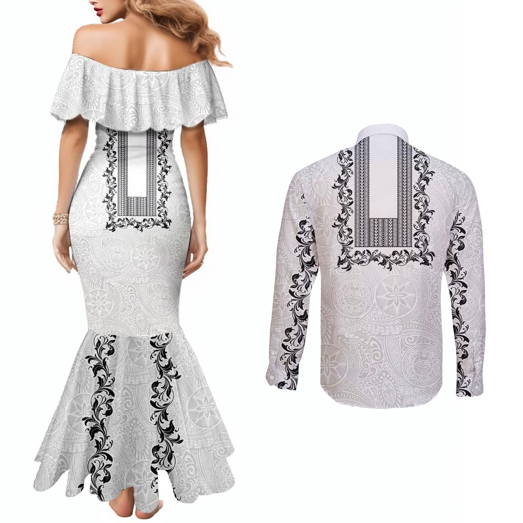 Philippines Polynesian Floral Pattern Couples Matching Mermaid Dress and Long Sleeve Button Shirt With Barong Tagalog White Style