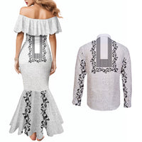 Philippines Polynesian Floral Pattern Couples Matching Mermaid Dress and Long Sleeve Button Shirt With Barong Tagalog White Style