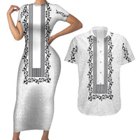 Philippines Polynesian Floral Pattern Couples Matching Short Sleeve Bodycon Dress and Hawaiian Shirt With Barong Tagalog White Style