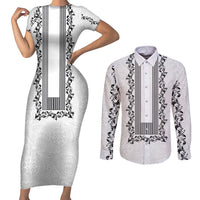 Philippines Polynesian Floral Pattern Couples Matching Short Sleeve Bodycon Dress and Long Sleeve Button Shirt With Barong Tagalog White Style LT03 White - Polynesian Pride