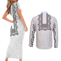 Philippines Polynesian Floral Pattern Couples Matching Short Sleeve Bodycon Dress and Long Sleeve Button Shirt With Barong Tagalog White Style LT03 - Polynesian Pride