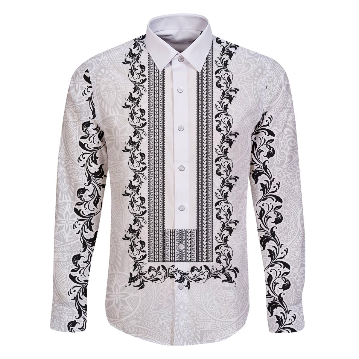 Philippines Polynesian Floral Pattern Family Matching Off The Shoulder Long Sleeve Dress and Hawaiian Shirt With Barong Tagalog White Style