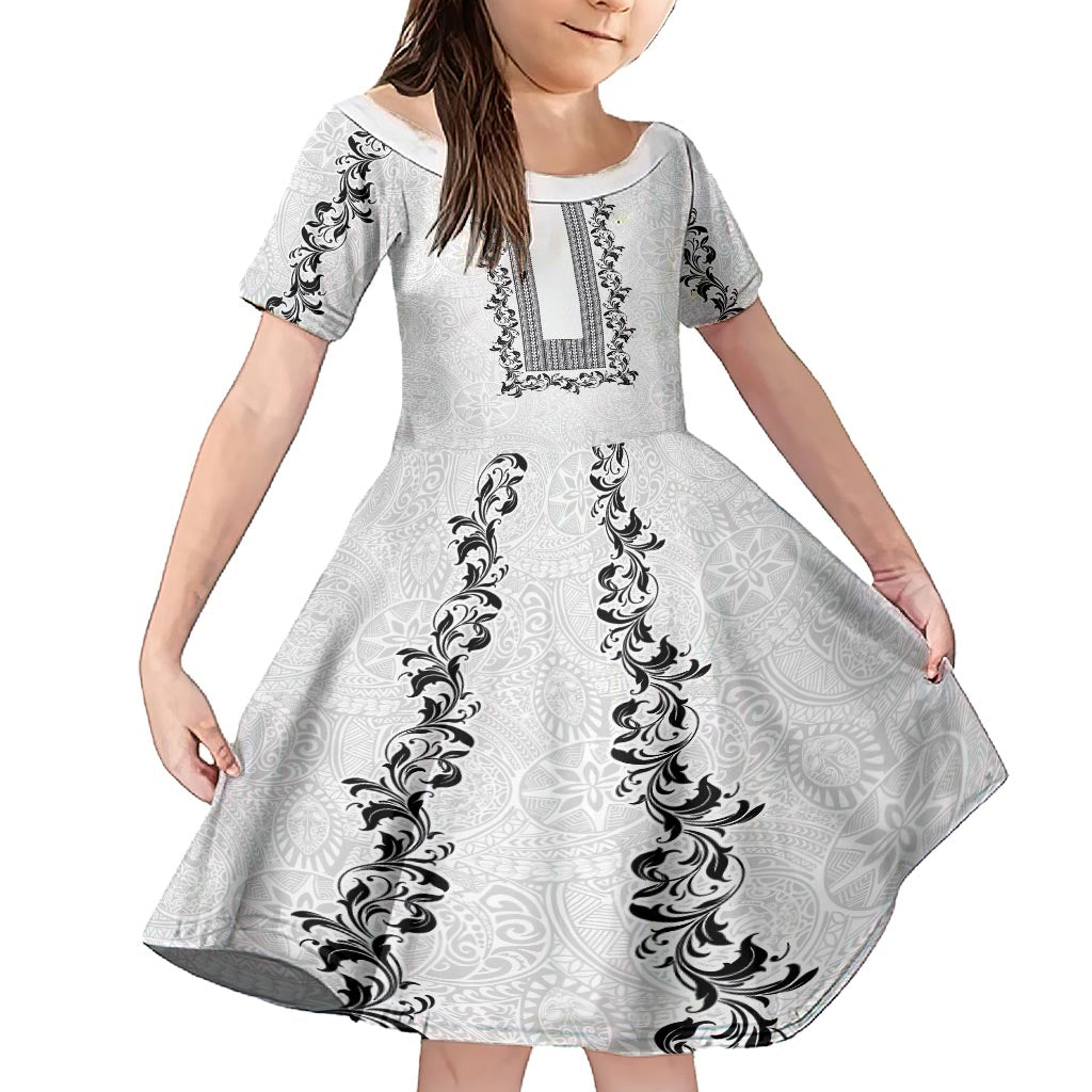 Philippines Polynesian Floral Pattern Family Matching Short Sleeve Bodycon Dress and Hawaiian Shirt With Barong Tagalog White Style