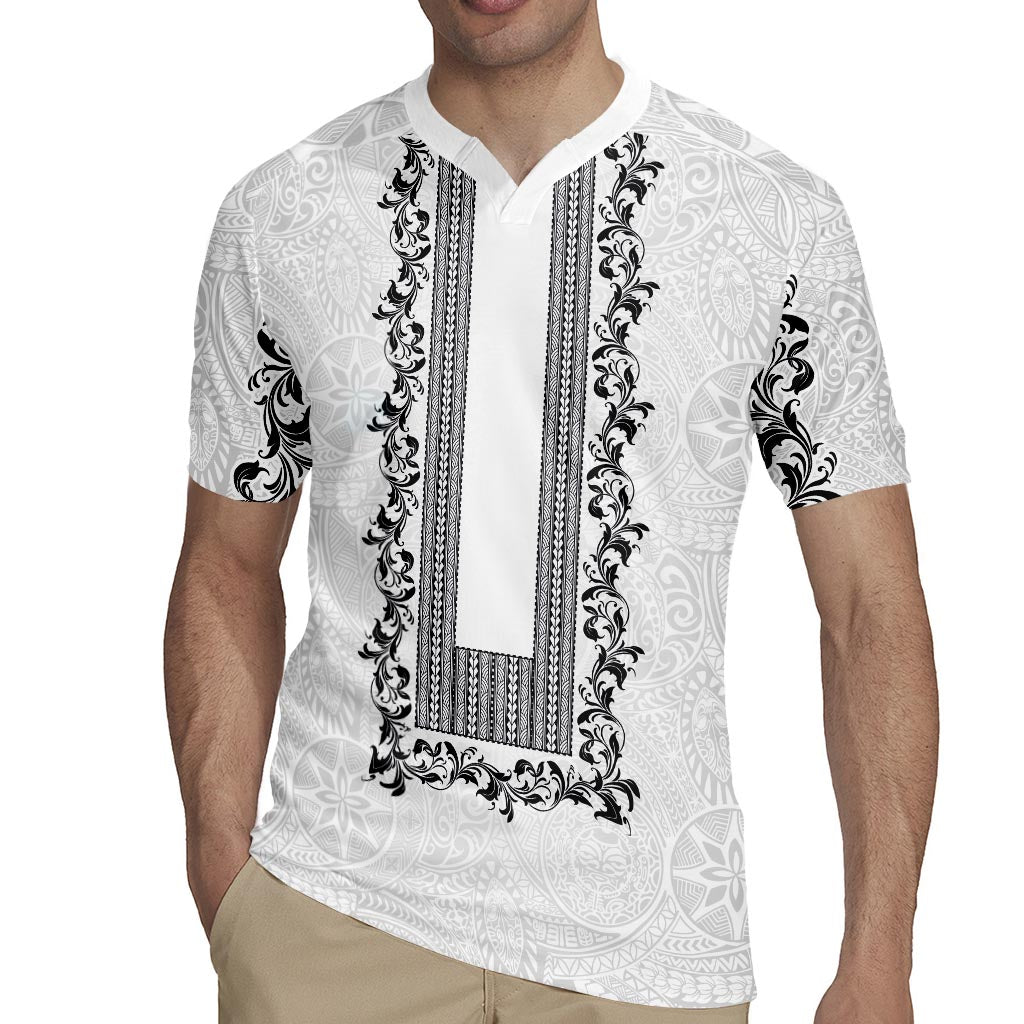 Philippines Polynesian Floral Pattern Rugby Jersey With Barong Tagalog White Style