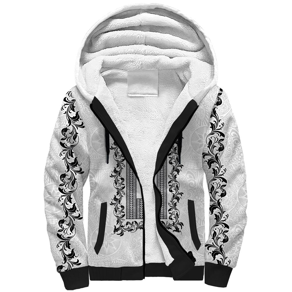 Philippines Polynesian Floral Pattern Sherpa Hoodie With Barong Tagalog White Style