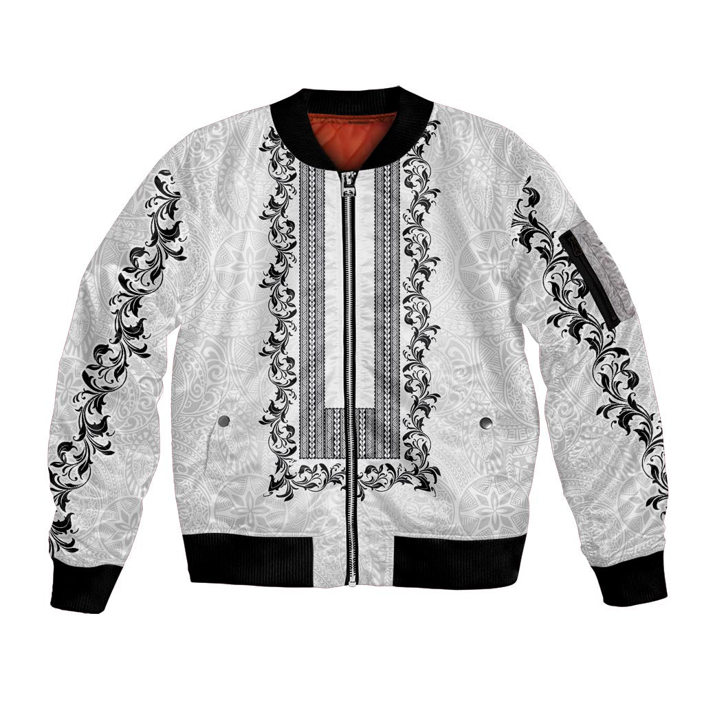 Philippines Polynesian Floral Pattern Sleeve Zip Bomber Jacket With Barong Tagalog White Style