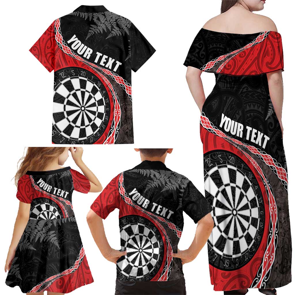 Personalised New Zealand Darts Family Matching Off Shoulder Maxi Dress and Hawaiian Shirt Koru Tribal Tattoo and Silver Fern Maori Pattern Red Color