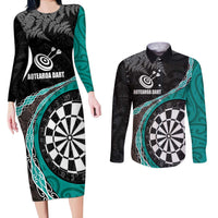 Personalised New Zealand Darts Couples Matching Long Sleeve Bodycon Dress and Long Sleeve Button Shirt Koru Tribal Tattoo and Silver Fern Maori Pattern Teal Color