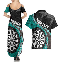 Personalised New Zealand Darts Couples Matching Summer Maxi Dress and Hawaiian Shirt Koru Tribal Tattoo and Silver Fern Maori Pattern Teal Color
