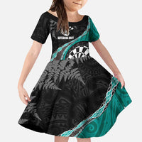 Personalised New Zealand Darts Family Matching Mermaid Dress and Hawaiian Shirt Koru Tribal Tattoo and Silver Fern Maori Pattern Teal Color