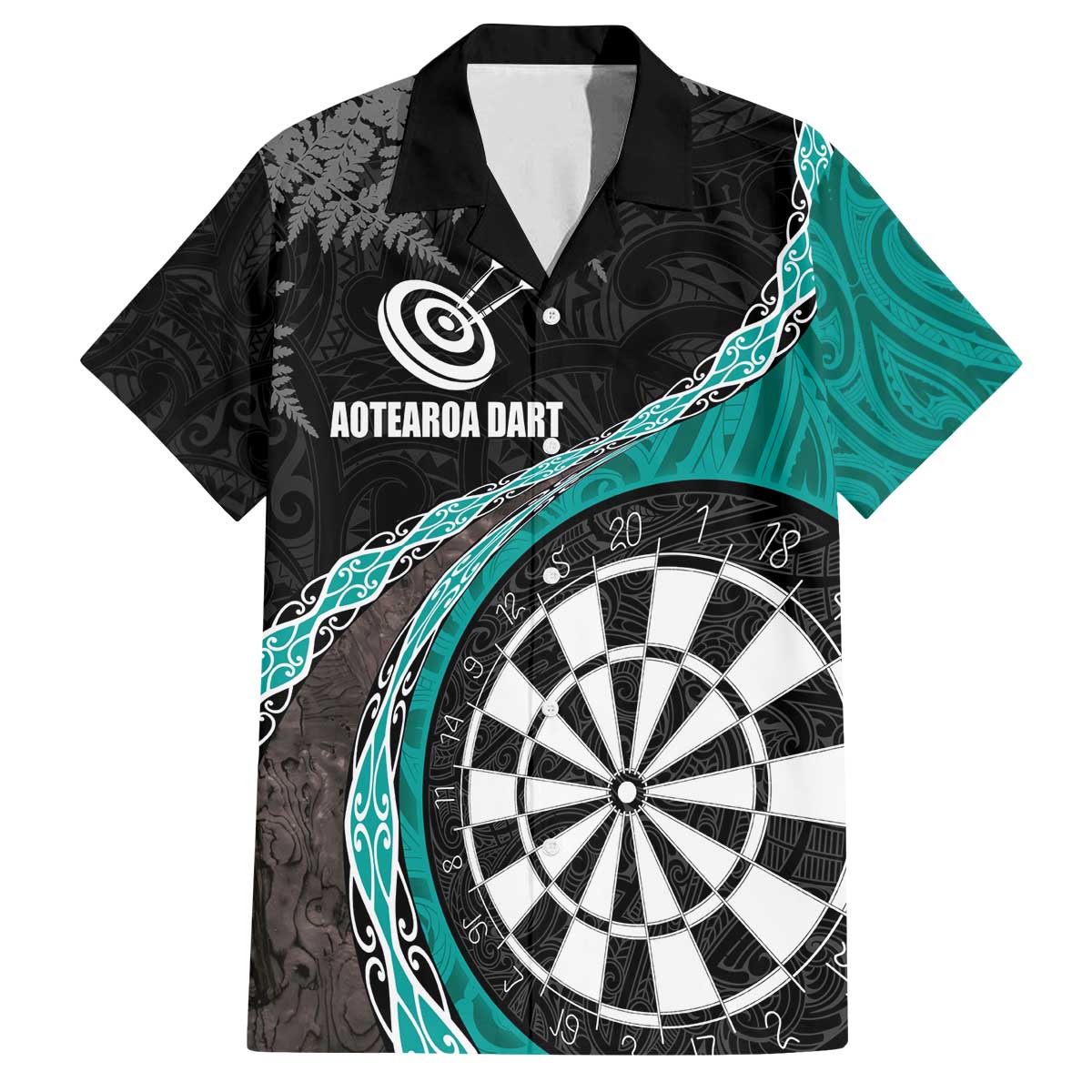Personalised New Zealand Darts Family Matching Off Shoulder Short Dress and Hawaiian Shirt Koru Tribal Tattoo and Silver Fern Maori Pattern Teal Color