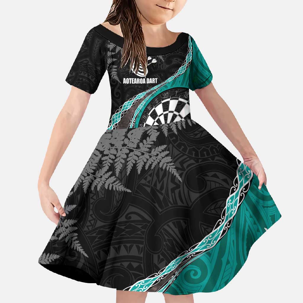 Personalised New Zealand Darts Family Matching Short Sleeve Bodycon Dress and Hawaiian Shirt Koru Tribal Tattoo and Silver Fern Maori Pattern Teal Color