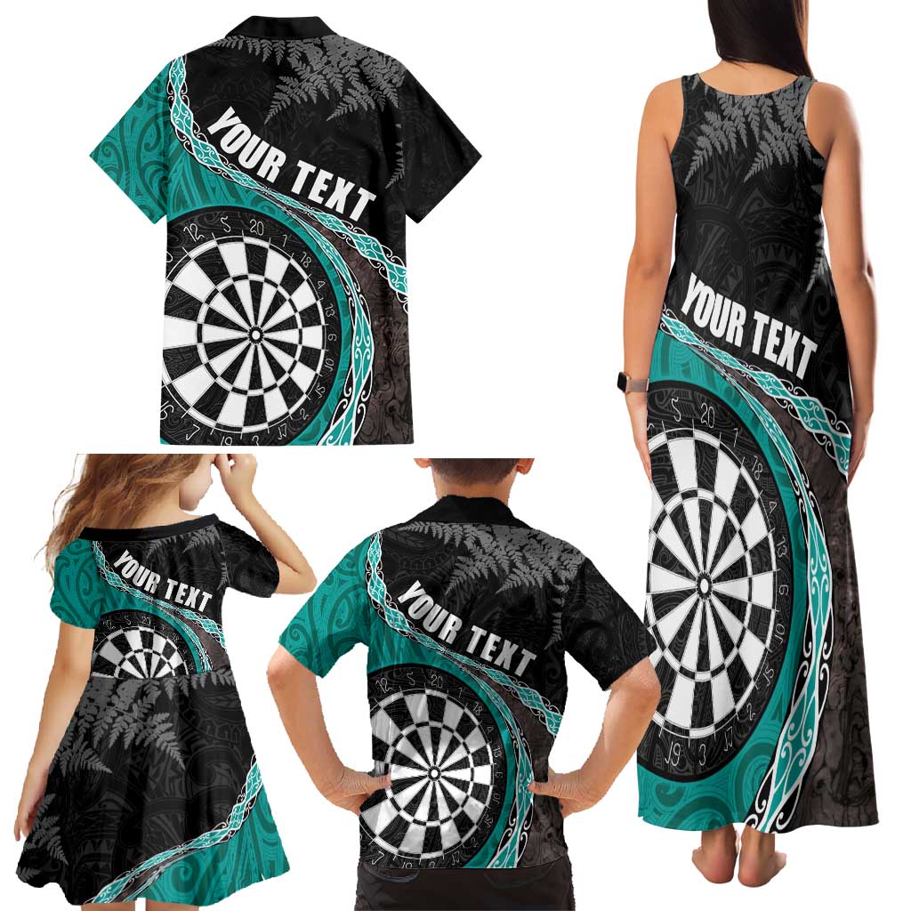 Personalised New Zealand Darts Family Matching Tank Maxi Dress and Hawaiian Shirt Koru Tribal Tattoo and Silver Fern Maori Pattern Teal Color