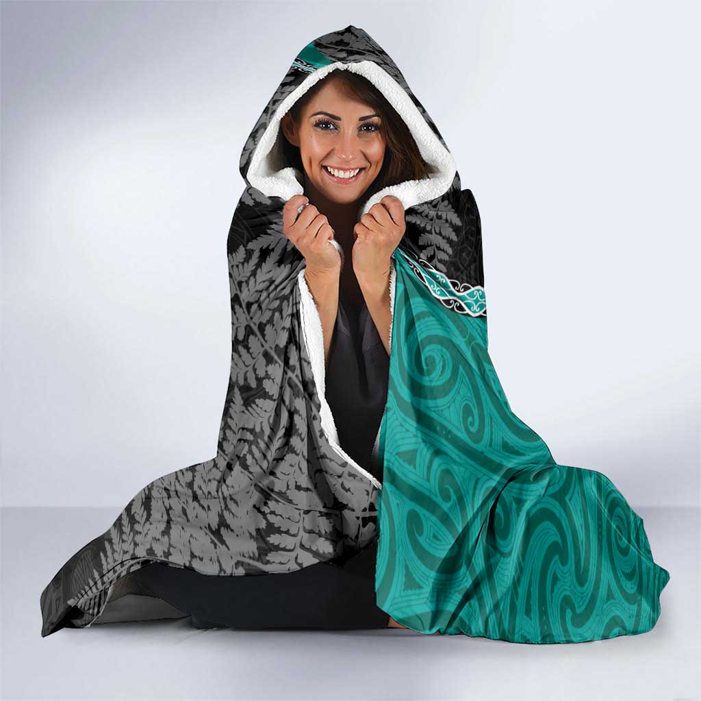 Personalised New Zealand Darts Hooded Blanket Koru Tribal Tattoo and Silver Fern Maori Pattern Teal Color