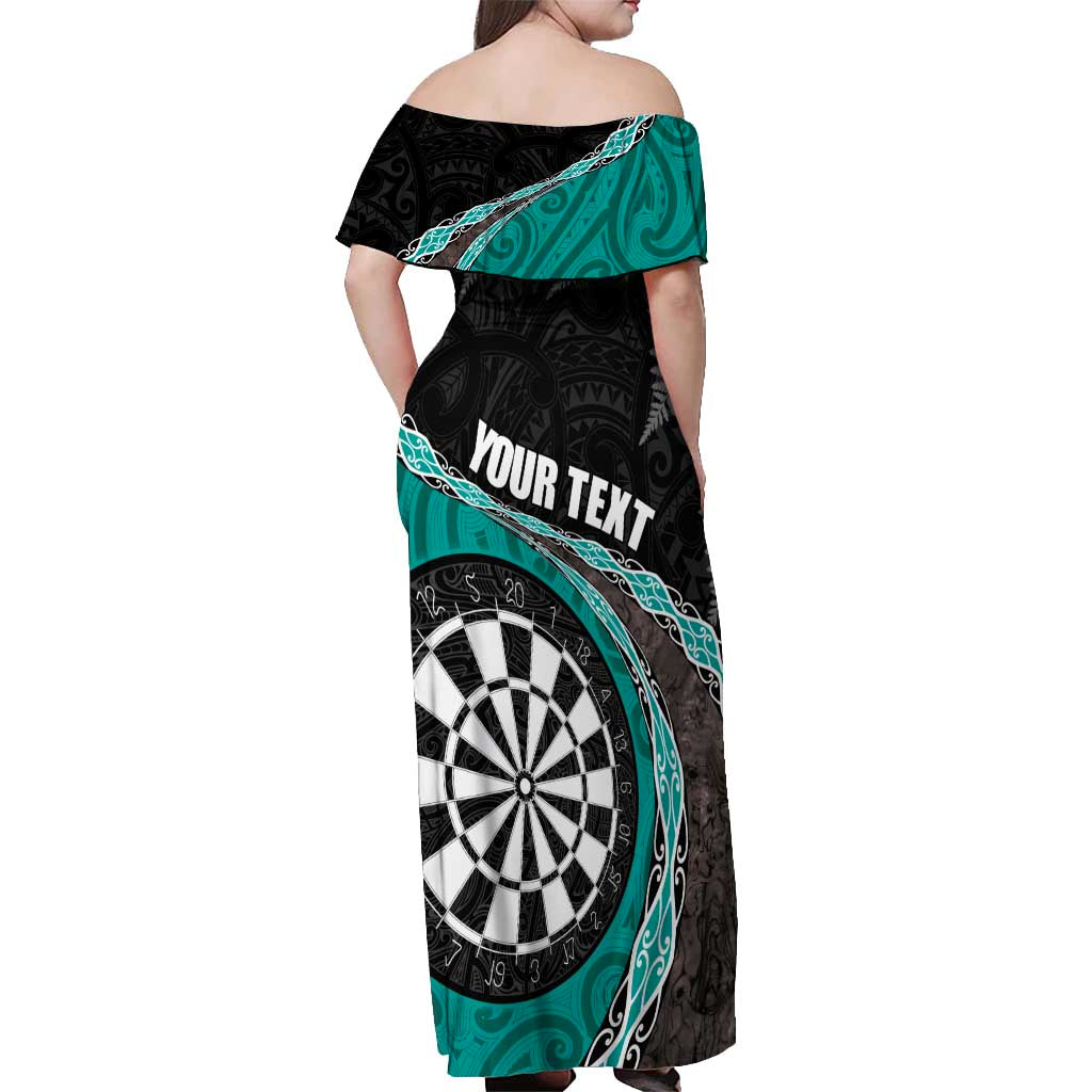 Personalised New Zealand Darts Off Shoulder Maxi Dress Koru Tribal Tattoo and Silver Fern Maori Pattern Teal Color