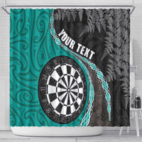 Personalised New Zealand Darts Shower Curtain Koru Tribal Tattoo and Silver Fern Maori Pattern Teal Color