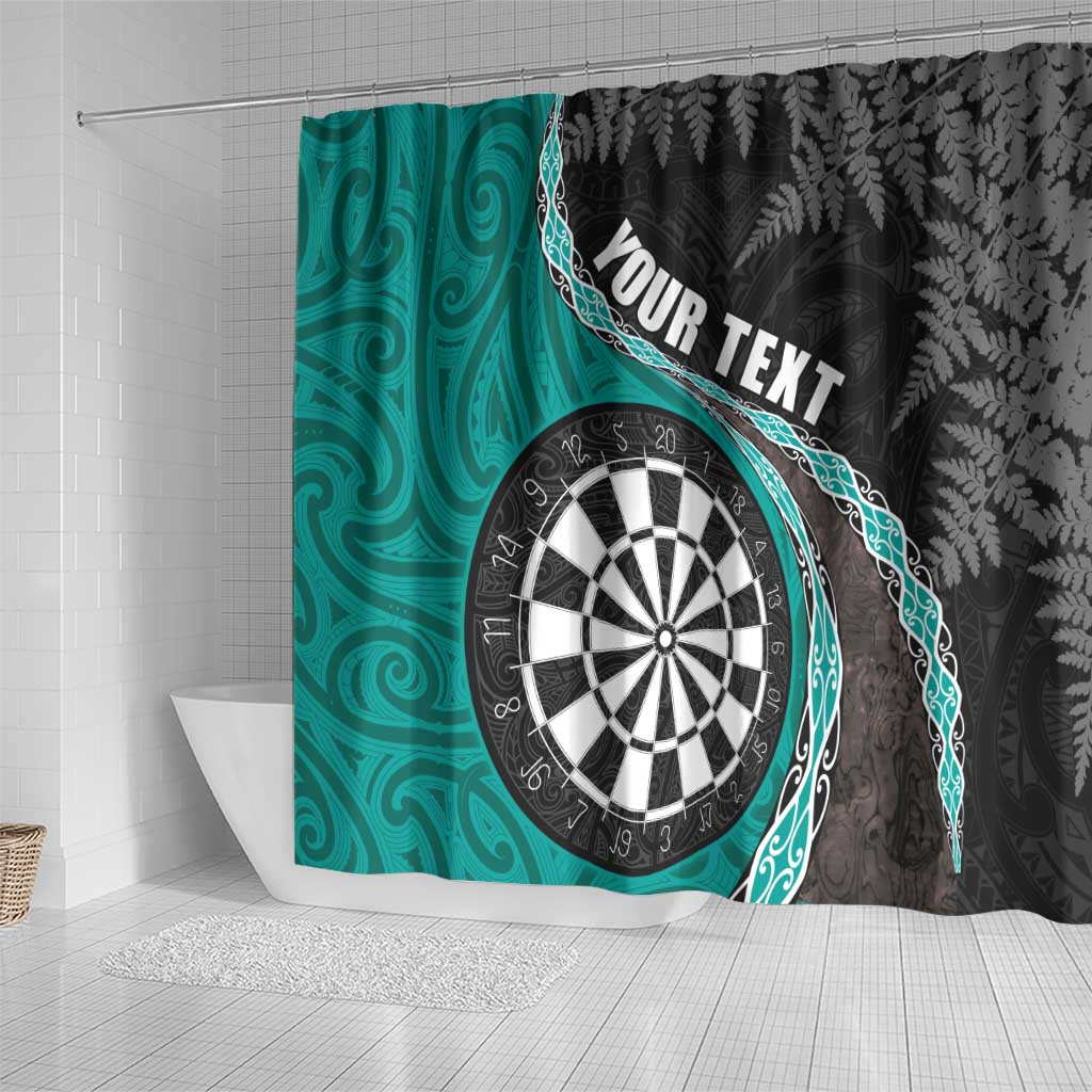 Personalised New Zealand Darts Shower Curtain Koru Tribal Tattoo and Silver Fern Maori Pattern Teal Color