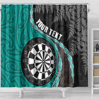 Personalised New Zealand Darts Shower Curtain Koru Tribal Tattoo and Silver Fern Maori Pattern Teal Color
