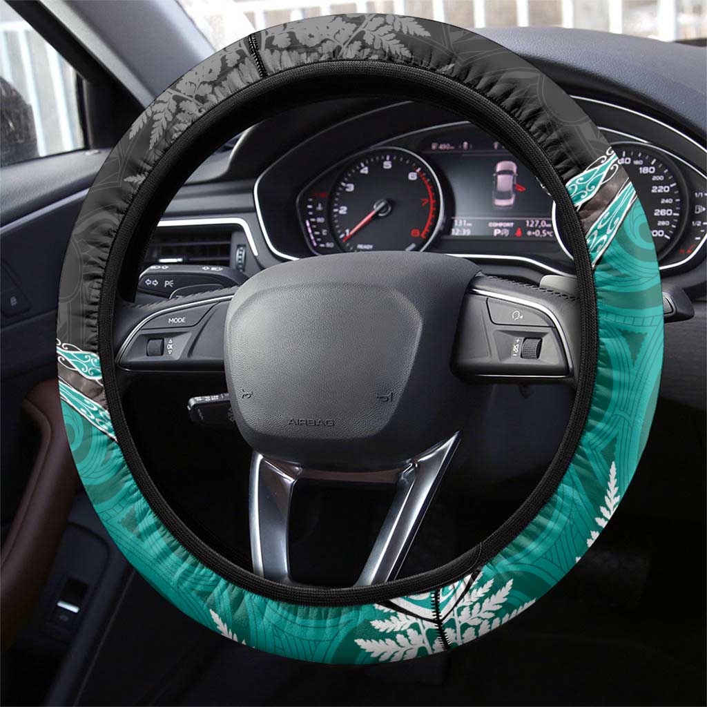 New Zealand Darts Steering Wheel Cover Koru Tribal Tattoo and Silver Fern Maori Pattern Teal Color