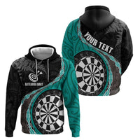Personalised New Zealand Darts Zip Hoodie Koru Tribal Tattoo and Silver Fern Maori Pattern Teal Color