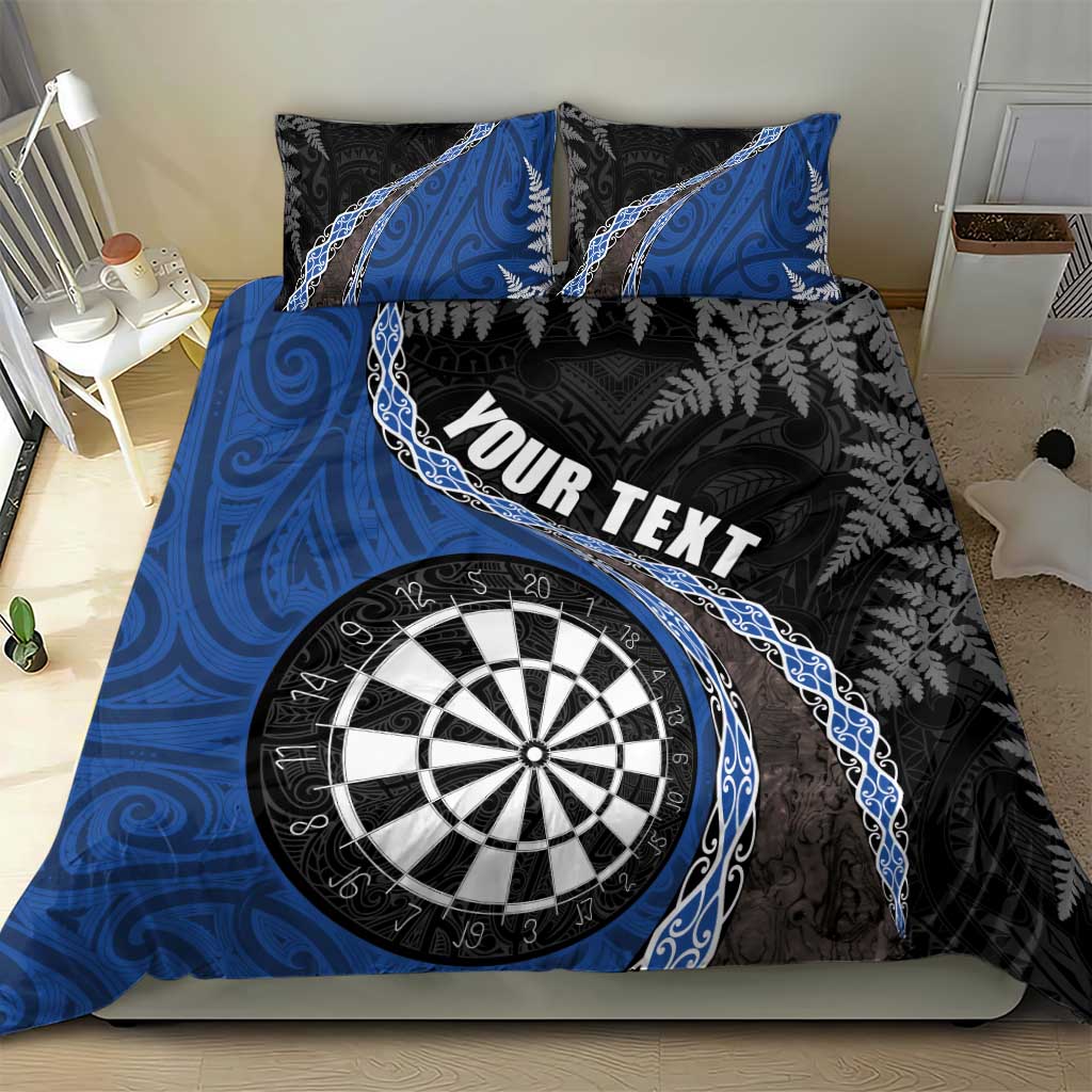 Personalised New Zealand Darts Bedding Set Koru Tribal Tattoo and Silver Fern Maori Pattern Blue Color