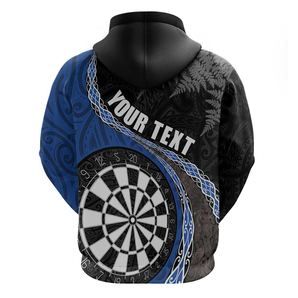 Personalised New Zealand Darts Hoodie Koru Tribal Tattoo and Silver Fern Maori Pattern Blue Color
