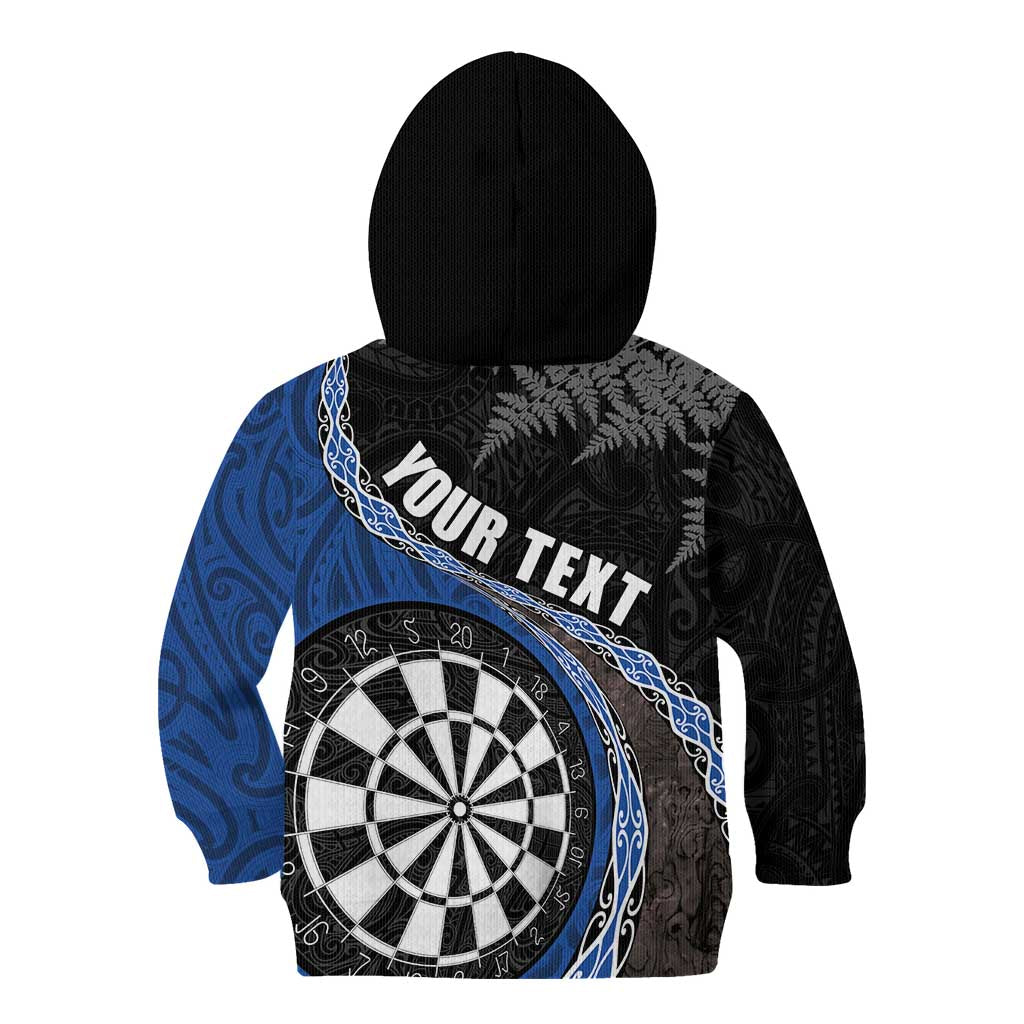 Personalised New Zealand Darts Kid Hoodie Koru Tribal Tattoo and Silver Fern Maori Pattern Blue Color