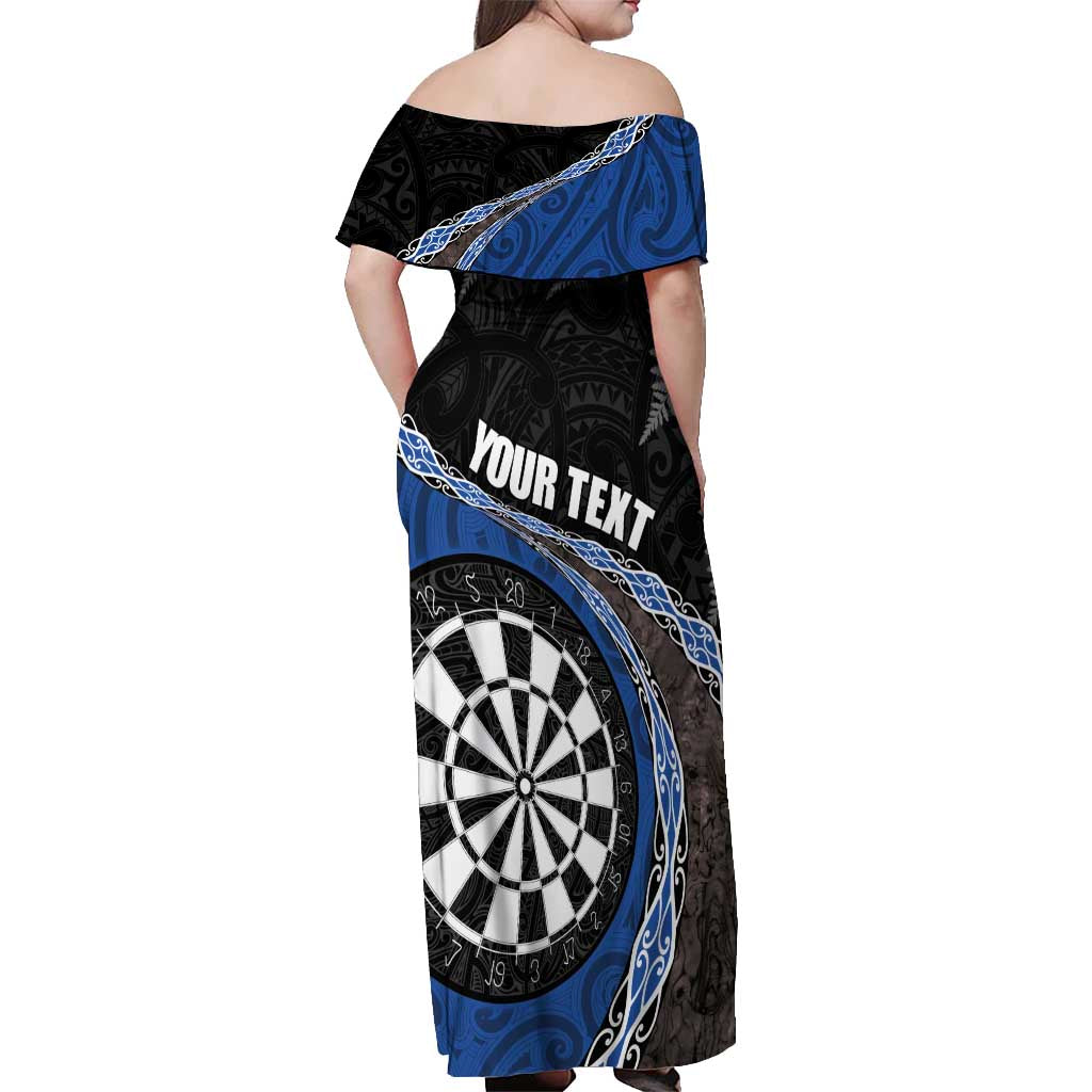 Personalised New Zealand Darts Off Shoulder Maxi Dress Koru Tribal Tattoo and Silver Fern Maori Pattern Blue Color