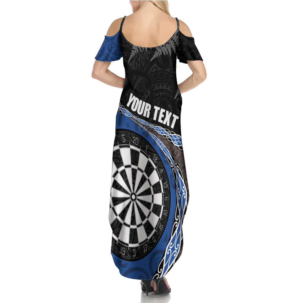 Personalised New Zealand Darts Summer Maxi Dress Koru Tribal Tattoo and Silver Fern Maori Pattern Blue Color