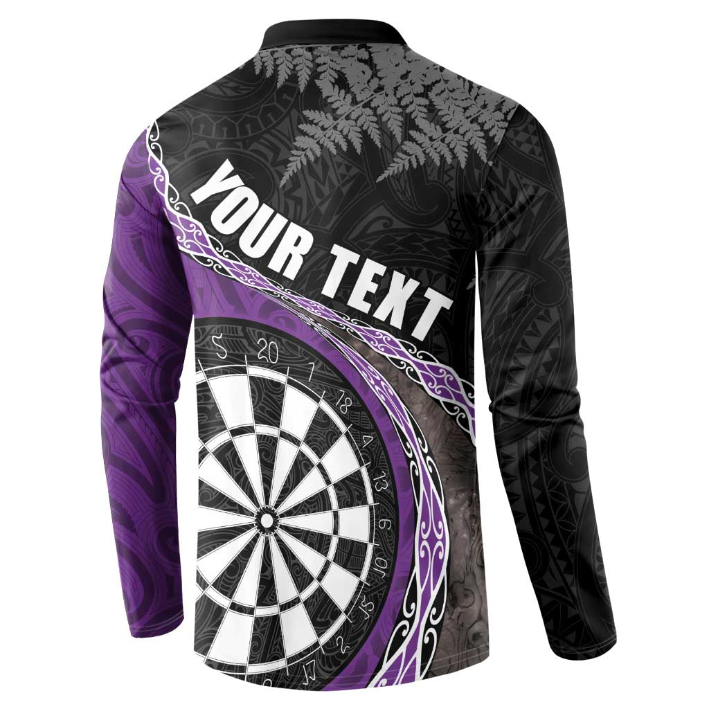 Personalised New Zealand Darts Button Sweatshirt Koru Tribal Tattoo and Silver Fern Maori Pattern Purple Color