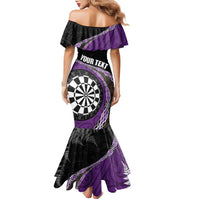 Personalised New Zealand Darts Family Matching Mermaid Dress and Hawaiian Shirt Koru Tribal Tattoo and Silver Fern Maori Pattern Purple Color