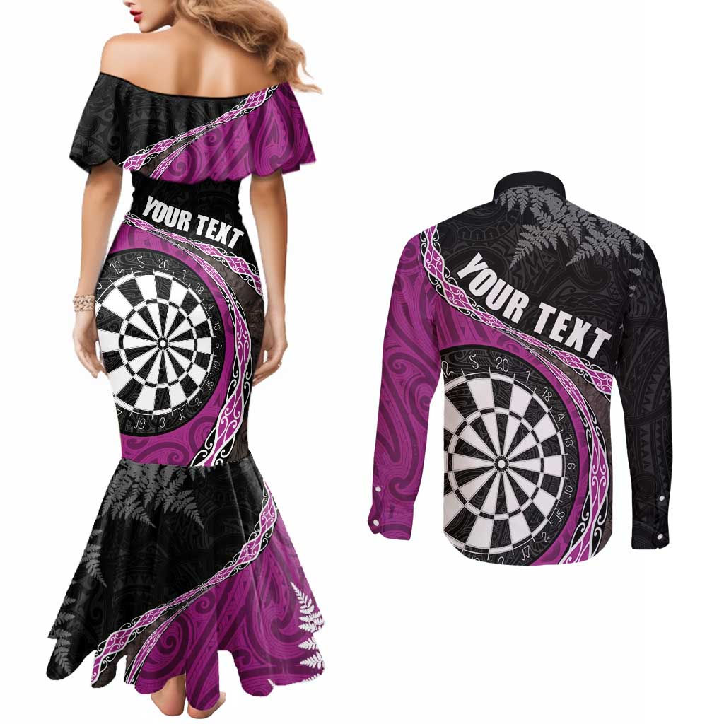 Personalised New Zealand Darts Couples Matching Mermaid Dress and Long Sleeve Button Shirt Koru Tribal Tattoo and Silver Fern Maori Pattern Pink Color