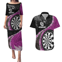 Personalised New Zealand Darts Couples Matching Puletasi and Hawaiian Shirt Koru Tribal Tattoo and Silver Fern Maori Pattern Pink Color