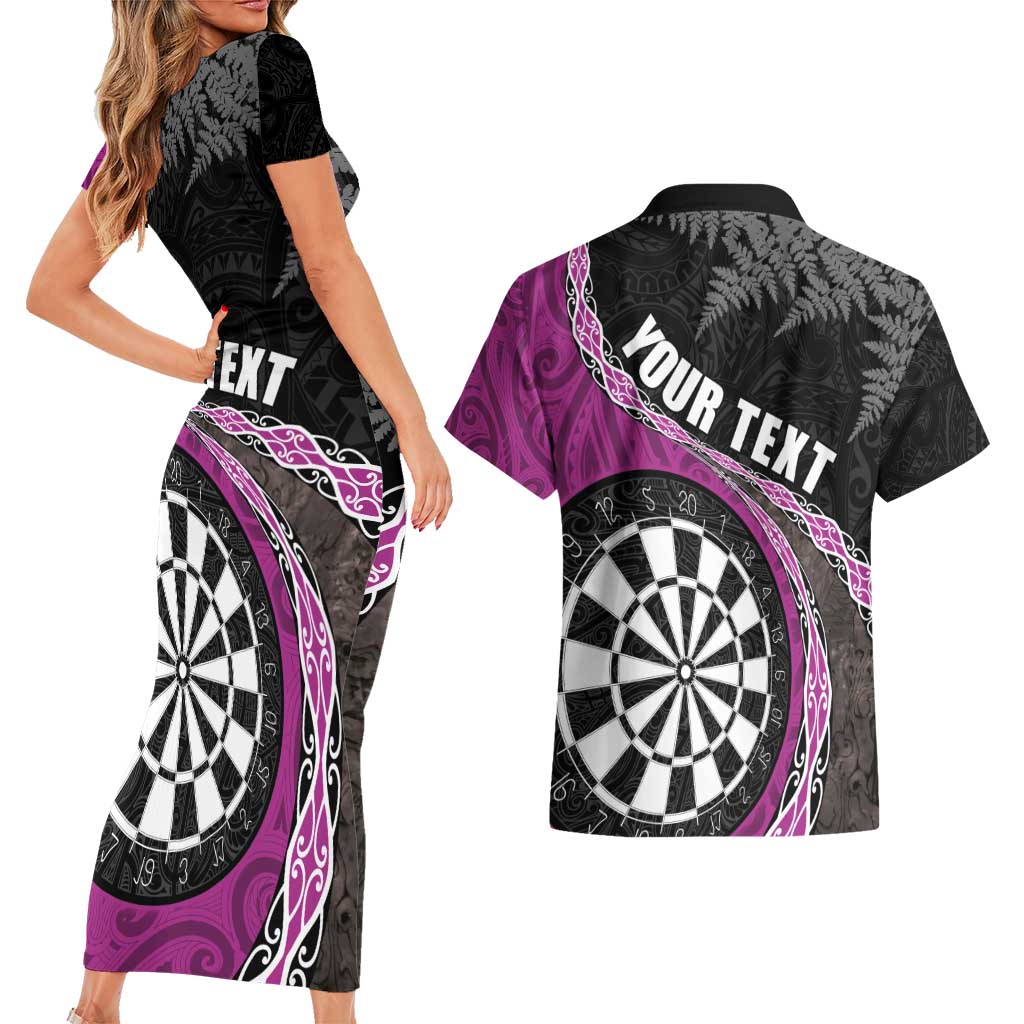 Personalised New Zealand Darts Couples Matching Short Sleeve Bodycon Dress and Hawaiian Shirt Koru Tribal Tattoo and Silver Fern Maori Pattern Pink Color