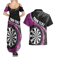 Personalised New Zealand Darts Couples Matching Summer Maxi Dress and Hawaiian Shirt Koru Tribal Tattoo and Silver Fern Maori Pattern Pink Color