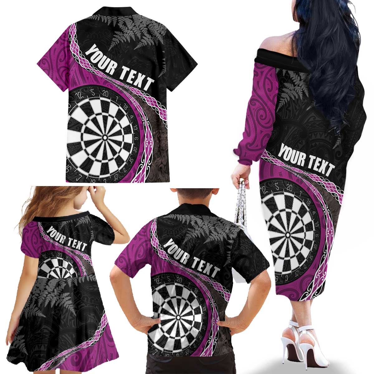 Personalised New Zealand Darts Family Matching Off The Shoulder Long Sleeve Dress and Hawaiian Shirt Koru Tribal Tattoo and Silver Fern Maori Pattern Pink Color