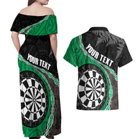 Personalised New Zealand Darts Couples Matching Off Shoulder Maxi Dress and Hawaiian Shirt Koru Tribal Tattoo and Silver Fern Maori Pattern Green Color