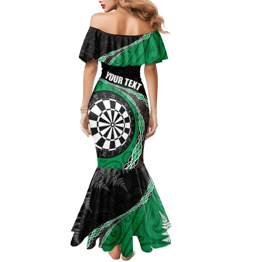 Personalised New Zealand Darts Family Matching Mermaid Dress and Hawaiian Shirt Koru Tribal Tattoo and Silver Fern Maori Pattern Green Color