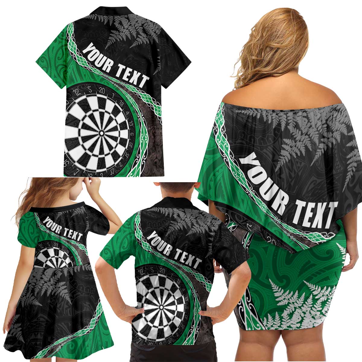 Personalised New Zealand Darts Family Matching Off Shoulder Short Dress and Hawaiian Shirt Koru Tribal Tattoo and Silver Fern Maori Pattern Green Color