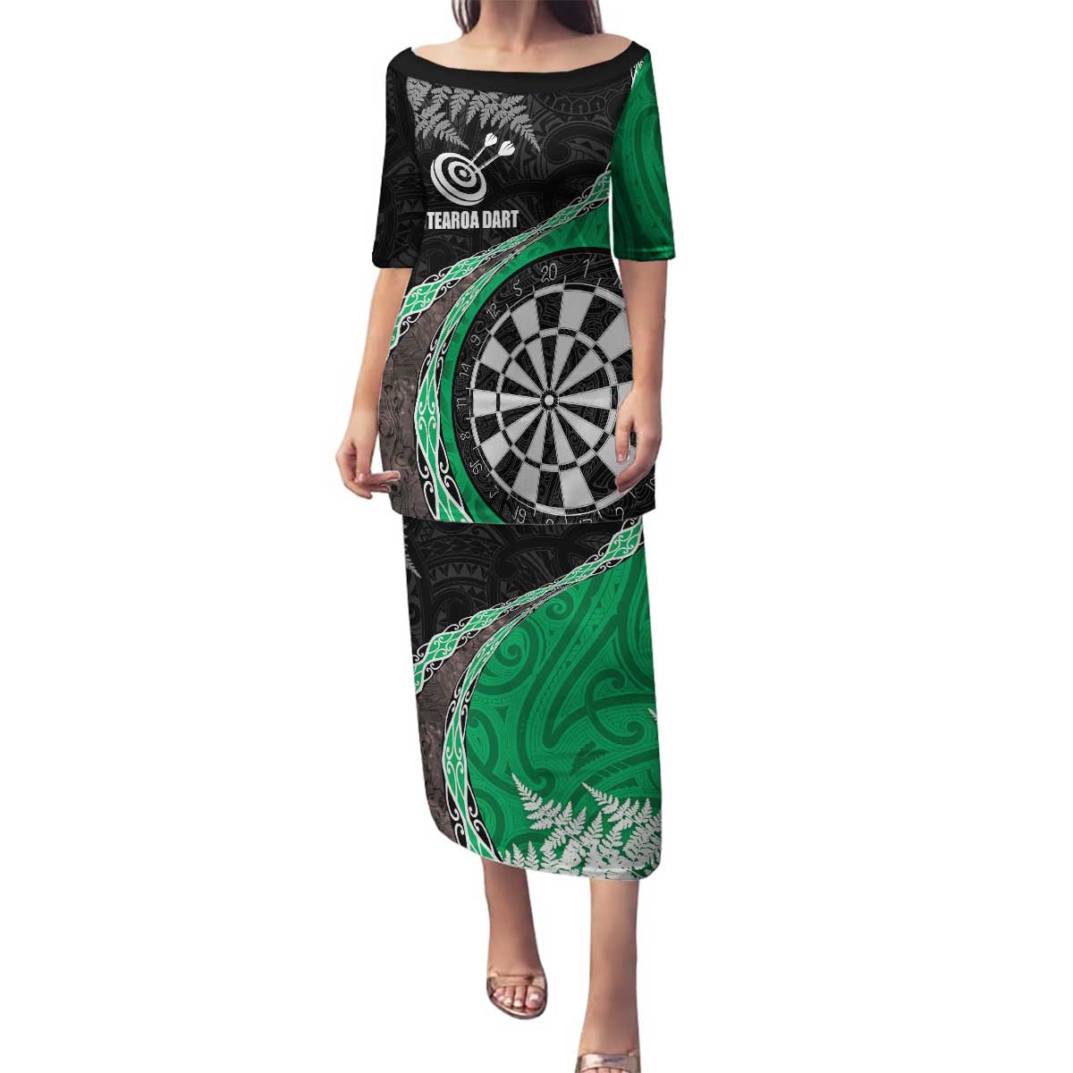Personalised New Zealand Darts Family Matching Puletasi and Hawaiian Shirt Koru Tribal Tattoo and Silver Fern Maori Pattern Green Color